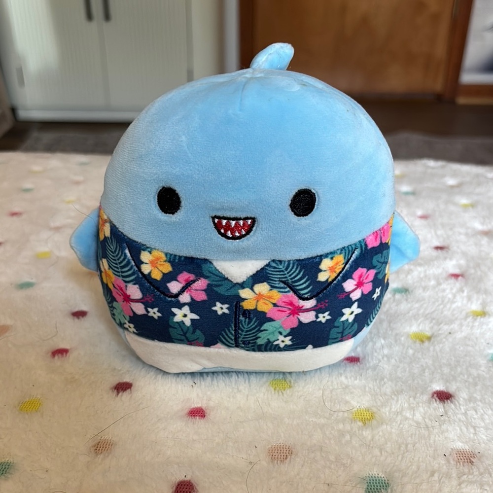 Blue Plush Shark Toy with Floral Pattern